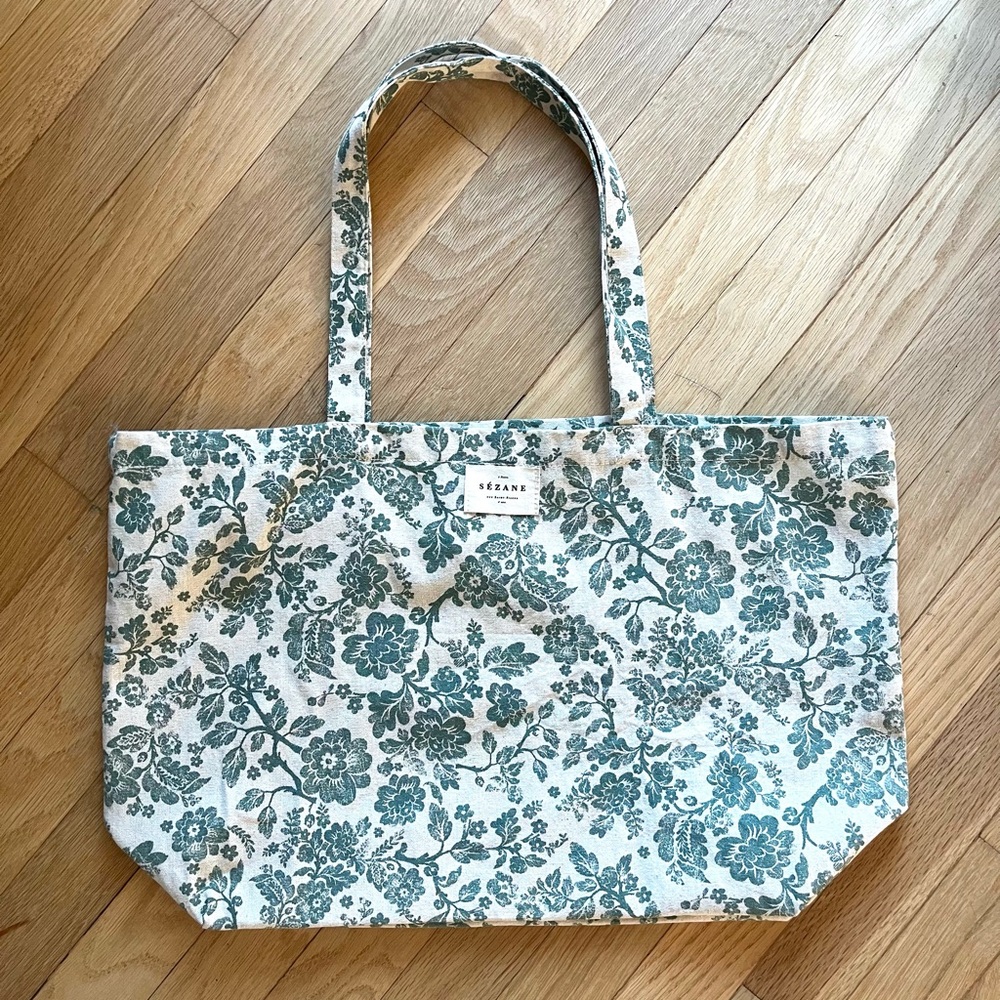 Sezane Cream and Green Floral Tote Bag